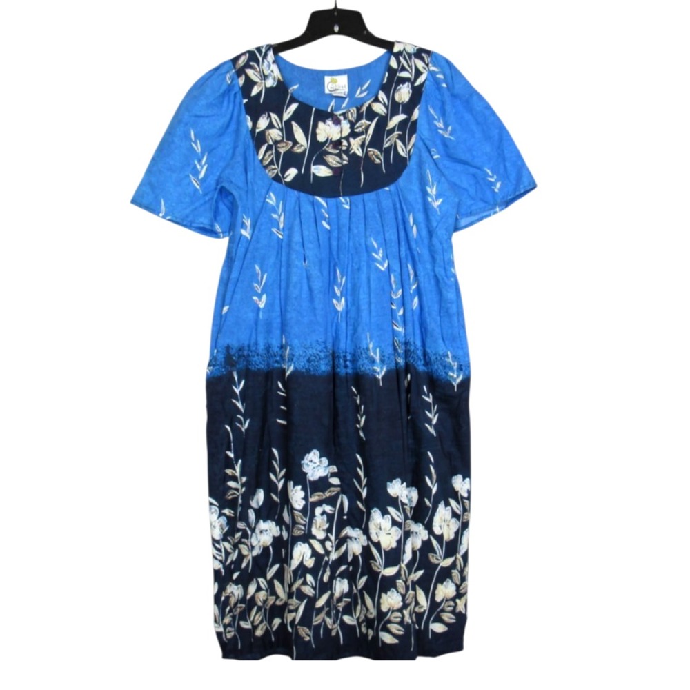 VTG DAFFODIL Blue Floral TWILL Buttons SIDE POCKETS Lounge HOUSE DRESS CAFTAN S
